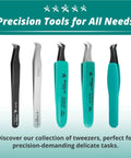 Five precision tweezers including 70 Degree Angulated Rounded Head Precision Tweezer For Soft Wire Cutting Up To 0.010 Inches, Carbon Steel.