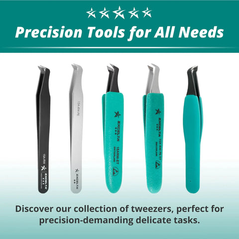 Five precision tweezers including 70 Degree Angulated Rounded Head Precision Tweezer For Soft Wire Cutting Up To 0.010 Inches, Carbon Steel.