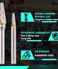 Heavy Duty Quarter Inch Shank Tungsten Carbide Burr Bits And Screw Extractor Workhorse Kit with double cut heads for metal grinding.