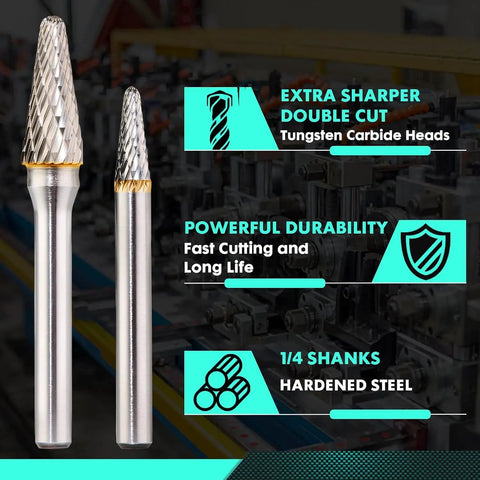 Heavy Duty Quarter Inch Shank Tungsten Carbide Burr Bits And Screw Extractor Workhorse Kit with double cut heads for metal grinding.