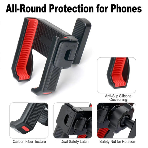 Close-up of Magnetic Golf Cart Phone Holder With 8 N52 Strong Magnetic Base Universal Fit For EZGO Club Car Yamaha Golf Carts Secure Grip For iPhone Samsung And Other Smartphones Red Accessory For Men And Women, showing anti-slip cushioning with carbon fiber texture.