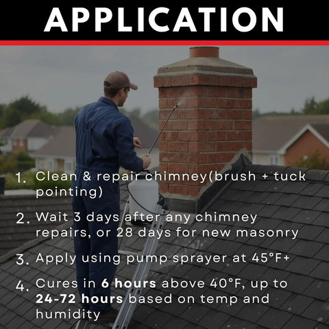 Person applying Water Base Chimney Sealant With Stain Blocker For Masonry Protection, 99.9 Percent Water Repellent Yet Breathable, Keeps Brick And Stone Looking Fresh, 1 Gallon, on a red brick chimney using a pump sprayer.