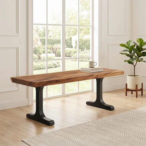 Wooden bench with handcrafted steel table legs in a bright room, showcasing industrial modern vibe leg supports of 16-inch height.