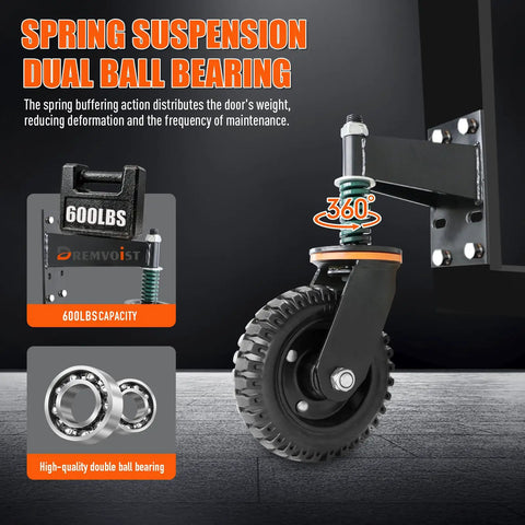 600LB Heavy Duty Fence Gate Wheel with Spring Support showing 360° swivel caster and dual ball bearings for gates