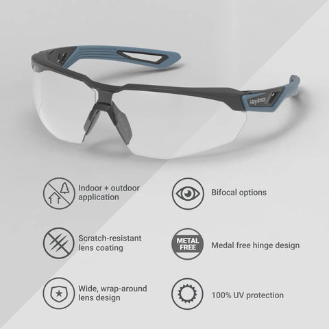 Top Shelf Safety Glasses Featuring Anti Scratch Impact Resistant Wraparound Design With Ansi Z87 Plus High Impact Rating And Crystal Clear Lenses Offering All Day Pressure Free Comfort That Hits Different, showcasing bifocal options and scratch-resistant lens coating.