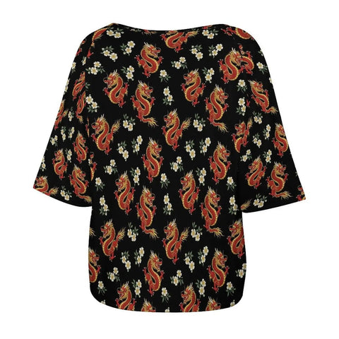 Back view of Loose Short Sleeve Boat Neck T Shirt With Floral Dragon Print, Soft Comfortable Lightweight Polyester Spandex Blend