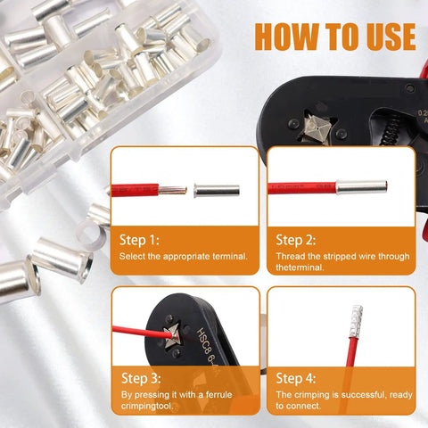 Top Notch 170 Piece Silver Plated Copper Wire Ferrules Kit With 8 AWG Sizes For Crimping Terminals To Stop Wire Fraying And Secure Loose Connections Perfect For Auto And Home Electrical Fixes. Ferrule crimping steps with terminal kit and wire crimper