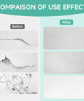 Comparison of wall before and after using Drywall Repair Kit With 32 Oz Spackle Paste And Self Adhesive Metal Patches, Wall Patch Set For Holes Cracks And Gaps, White Putty Filler, Includes Sandpaper Putty Knife And Gloves For Quick Easy DIY Repairs