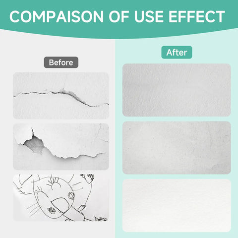 Comparison of wall before and after using Drywall Repair Kit With 32 Oz Spackle Paste And Self Adhesive Metal Patches, Wall Patch Set For Holes Cracks And Gaps, White Putty Filler, Includes Sandpaper Putty Knife And Gloves For Quick Easy DIY Repairs