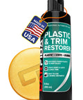 Carfidant Plastic & Trim Restorer bottle with teal label, 8.4 oz, shown with yellow polishing pad and Made in USA tag