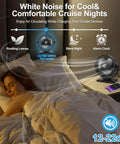 Woman sleeping in bed with 6 Inch Magnetic Cruise Fan With 12000mAh Rechargeable Battery Portable Power Bank on nightstand