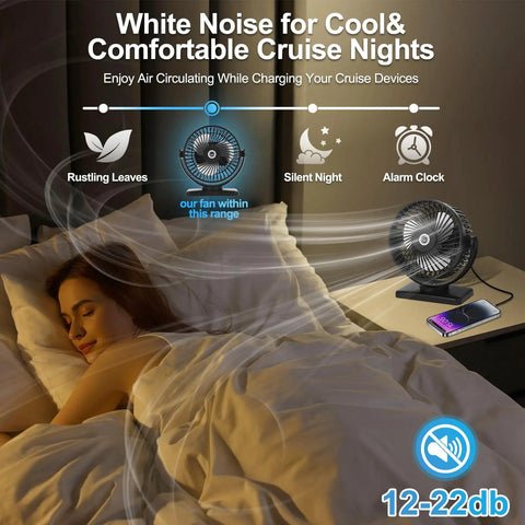 Woman sleeping in bed with 6 Inch Magnetic Cruise Fan With 12000mAh Rechargeable Battery Portable Power Bank on nightstand
