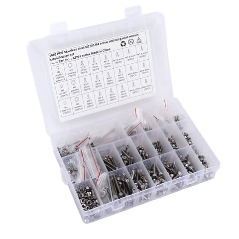 Must-Have M2 M3 M4 Stainless Steel Screw Nut And Washer Kit 1080 Piece Set with fasteners organized in a clear container.