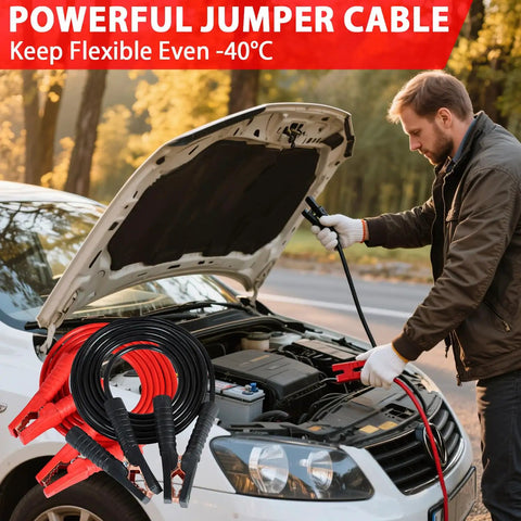 Man using Emergency Roadside Tool Kit With Jumper Cables And Shovel Auto And Truck Vehicle Safety Kit Bag For Men And Women