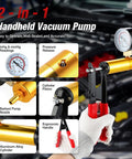 One Man Brake Bleeder Kit With Adapters And Pressure Gauge, Hand Vacuum Pump for pulling out old fluid, compact design with ergonomic handle.