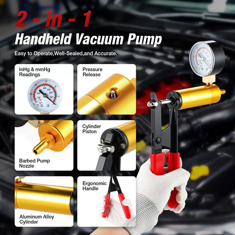 One Man Brake Bleeder Kit With Adapters And Pressure Gauge, Hand Vacuum Pump for pulling out old fluid, compact design with ergonomic handle.