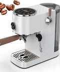 Straight Up Home Barista Dream Machine Featuring A Dual Boiler System Hella Smooth Steam Wand 58 Millimeter Portafilter Built In Burr Grinder And Precise Temperature Control For Quick Coffee Perfection in white with wood accents.