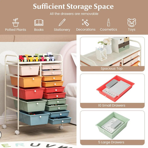 15 Drawer Rolling Storage Cart With Lockable Wheels And Removable Drawers, shown with 10 small and 5 large drawers, multipurpose design