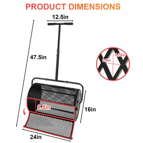 Dimensions of 24 Inch Compost And Peat Moss Spreader For Lawns And Gardens, Roller Spreader For Topsoil Manure Mulch And Top Dressing