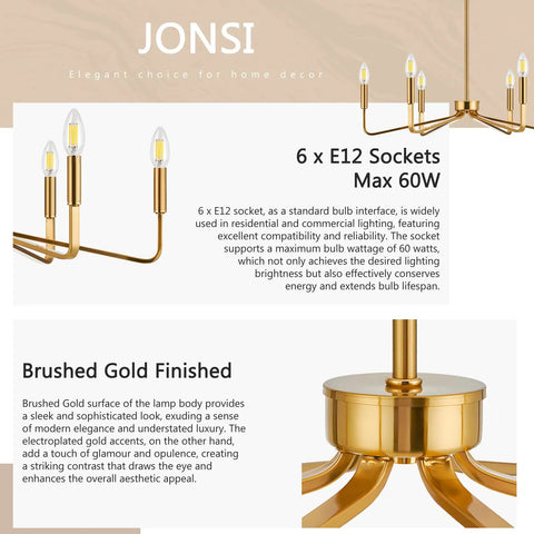 Six Light Modern Brushed Brass Chandelier 26 Inch Hanging Ceiling Light Fixture For Living Room Dining Room And Kitchen Island Industrial Candle Style Dope Tubular Design with brushed gold finish and E12 sockets.