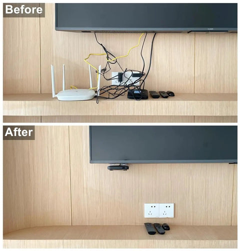 Before and after using the Hide Messy TV Cables Behind The Wall With This In Wall Cable Management Kit 4 Pass Throughs 1 Hole Saw Drill Attachment Two And Three Eighths Inch Hole Easy To Install For Wall Mounted Televisions Durable In Wall Wire Hider