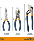 Three Piece Pliers Set For DIY And Home Use With 6 Inch Long Nose Pliers, 6 Inch Slip Joint Pliers, And 8 Inch Water Pump Pliers