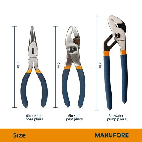 Three Piece Pliers Set For DIY And Home Use With 6 Inch Long Nose Pliers, 6 Inch Slip Joint Pliers, And 8 Inch Water Pump Pliers