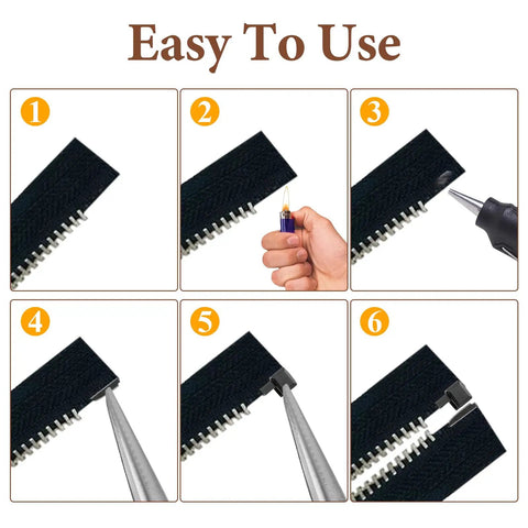 Instructional steps for 20 Sets Metal Zipper Stopper Repair Kit Size Five Bottom Replacement And Zipper Slider Latch Parts installation