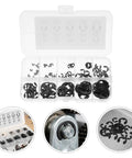 Black Metal Snap Ring Kit 120 Pcs M1.5 To M10 With Open Design in plastic case, detail of retaining rings for equipment repairs