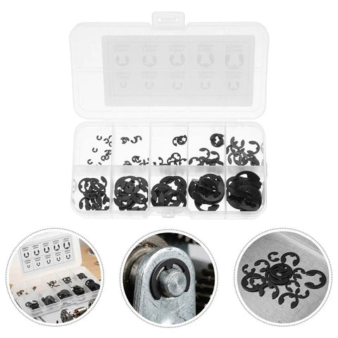 120 Piece Black Open Design E Clip Retaining Ring Kit with 10 size range M1.5 to M10 Beryllium Bronze Snap Rings displayed