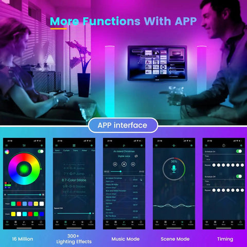 Couple using 2 Pack RGB Corner Floor Lamps With Smart App Control in living room, displaying app interface features on screen.