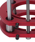 Heavy Duty Aluminum Alloy Router Lift Base with Rock Solid 4 Jaw Clamping system, showing detail of clamping mechanism and rod.