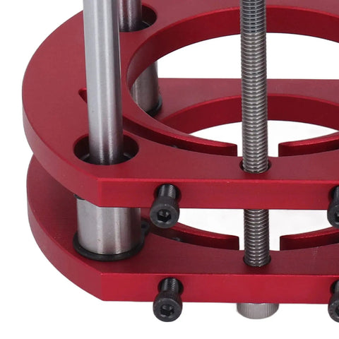 Heavy Duty Aluminum Alloy Router Lift Base with Rock Solid 4 Jaw Clamping system, showing detail of clamping mechanism and rod.