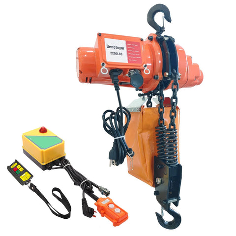 Electric chain hoist by Senotoyar, orange, 2200 lb capacity, 20 ft lift, wireless and wired remotes