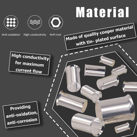Close-up of tin-plated copper ferrules from 166 Piece Wire Ferrules Set For AWG Twelve To Two Zero Copper Tinned Non Insulated Crimp Connectors.