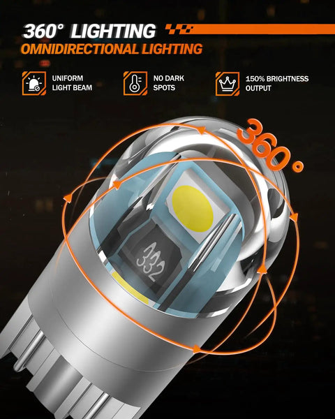 Close-up of 360° lighting feature in 194 LED Bulbs 6000K White For License Plate Dome Map Trunk Door Courtesy Dash Lights Wedge Base Replacement Bulbs 168 2825 W5W 3030 Killer Bright Chips Pack Of 10.