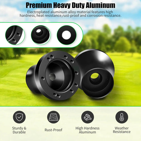 Universal Aluminum Steering Wheel Adapter For TXT RXV Marathon Medalist Golf Carts No Fuss Install Rust Resistant Alloy Premium Finish Durable Black Accessory showcased with features of durability and rust resistance.