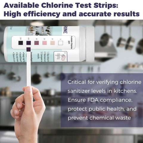 200 Chlorine Test Strips For Food Service Kitchens And Bars 0 To 200 PPM Sanitizer Test Kit For Restaurants Hotels And Food Trucks Easy To Use Fast Accurate Bleach Test Strips Value Pack, bottle and strip color chart