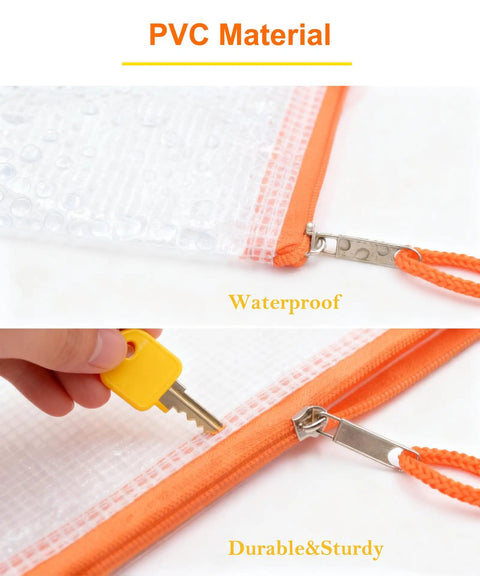 Close-up of Lightweight Zipper Mesh Pouches 24 Pack A6 Clear Storage Bags with orange PVC material and zipper detail.