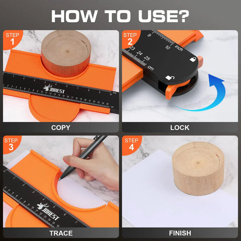 Contour Gauge With Lock 10 Inch Adjustable Shape Measuring Tool step-by-step usage for tile flooring and woodworking.