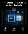 Close-up view of Intel chip and JMS583 on the circuit board of Beast Mode M.2 NVMe SSD Enclosure with 80Gbps Thunderbolt Ports.