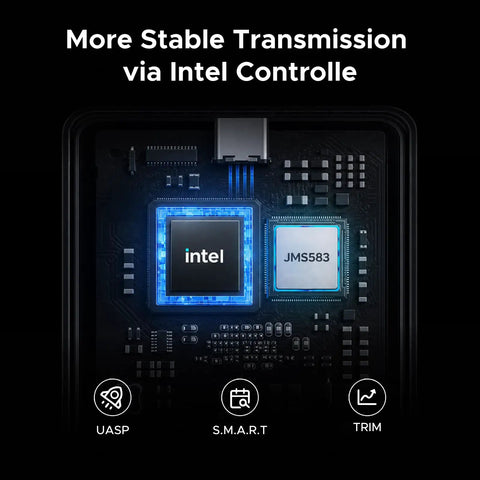 Close-up view of Intel chip and JMS583 on the circuit board of Beast Mode M.2 NVMe SSD Enclosure with 80Gbps Thunderbolt Ports.