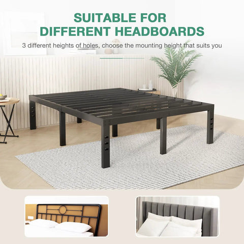 Queen Size Metal Platform Bed Frame With Under Bed Storage Heavy Duty Steel Slat Support showing adjustable height for headboards.