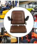 Kick Butt While You Work With This Built Tough Universal Tractor Seat Featuring Adjustable Backrests Foldable Armrests And Heavy Duty Foam For Forklifts Mowers Skid Steers with brown cushion and armrests.