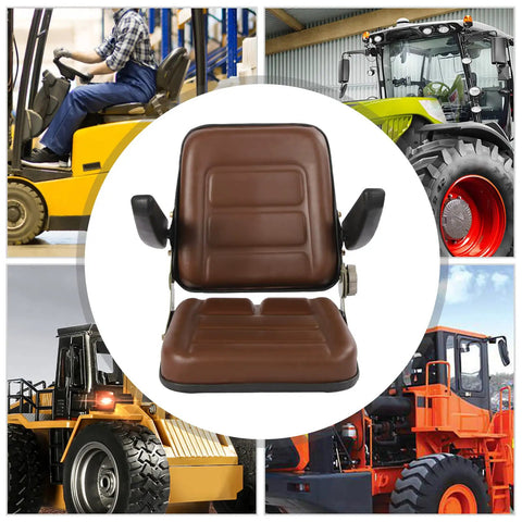 Kick Butt While You Work With This Built Tough Universal Tractor Seat Featuring Adjustable Backrests Foldable Armrests And Heavy Duty Foam For Forklifts Mowers Skid Steers with brown cushion and armrests.