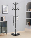 Metal Coat Rack Freestanding With Natural Marble Base, Dope Modern Black Coat Tree Stand With 12 Hooks For Entryway in living room.