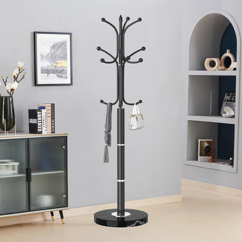 Metal Coat Rack Freestanding With Natural Marble Base, Dope Modern Black Coat Tree Stand With 12 Hooks For Entryway in living room.