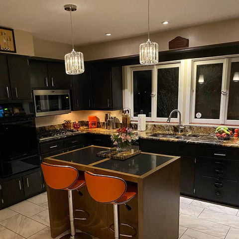 Modern kitchen with Crystal Pendant Lights Duo Kit For Kitchen Island And Bar, silver finish, illuminating countertop area.