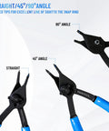 12 Piece Snap Ring Pliers Set With 300 External Rings, showing straight, 45, and 90-degree tips for auto maintenance
