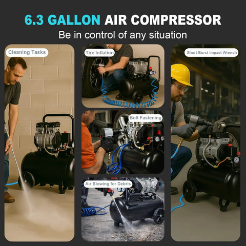 Top Pick Heavy Duty Ultra Quiet Air Compressor 6.3 Gallon Oil Free 1.5HP Motor High Output 116 PSI Fast Fill For Professional Use At Home Garage Workshop Projects And Auto Repair Jobs